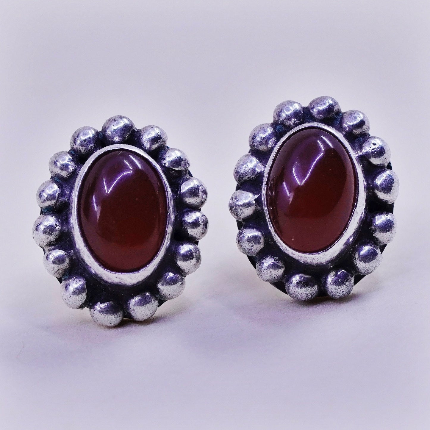 Vintage Sterling 925 silver handmade earrings, oval carnelian studs and beads