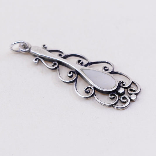 sterling silver pendant, 925 filigree teardrop charm with mother of pearl