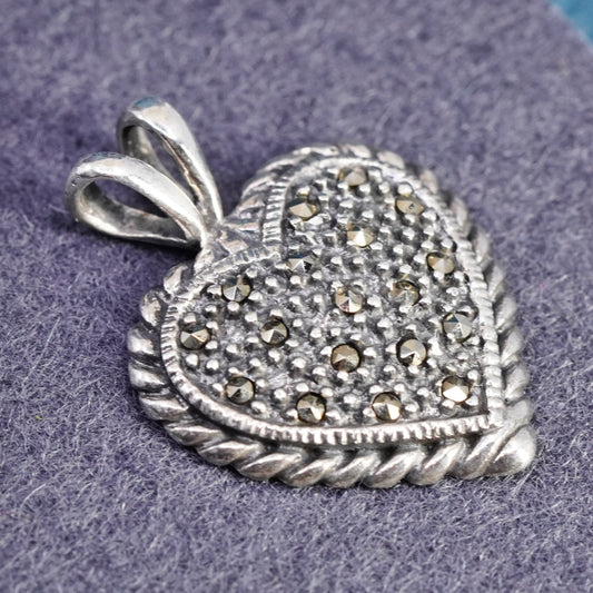 Vintage Sterling silver handmade pendant, 925 heart with marcasite