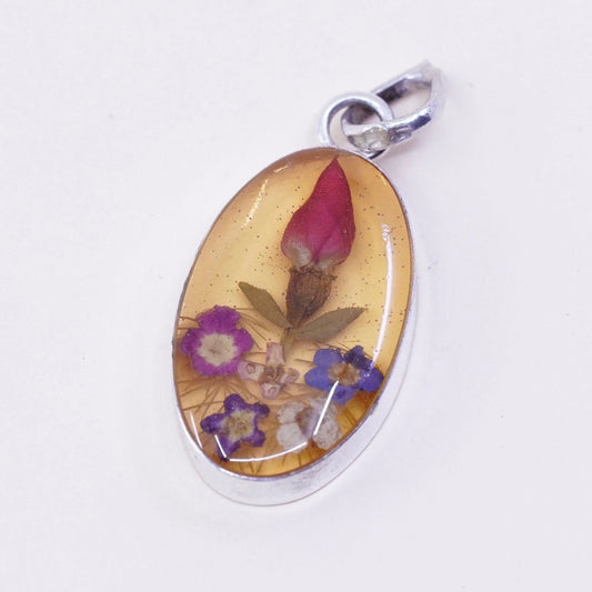 Vintage Sterling silver handmade pendant, mexico 925 resin with flower pendant