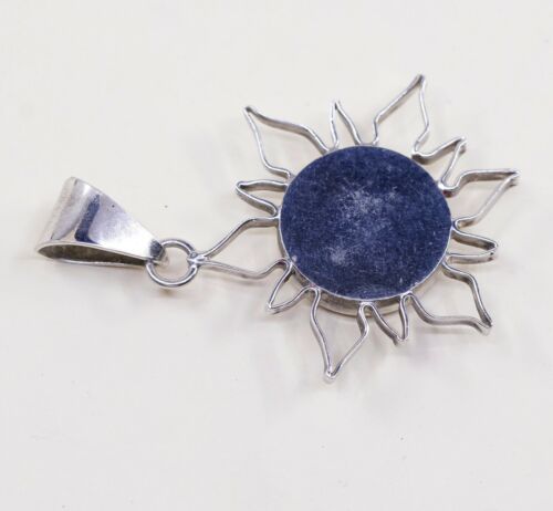 Vintage Sterling Silver Handmade Pendant, 925 W/ Jasper Flower Sun N Moon Face