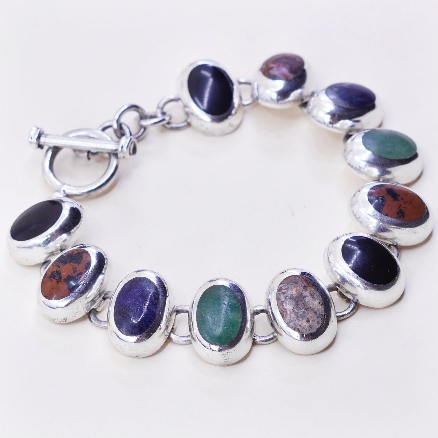 5.75”, Silpada B0428 Sterling 925 silver bracelet w/ onyx sodalite jasper jade