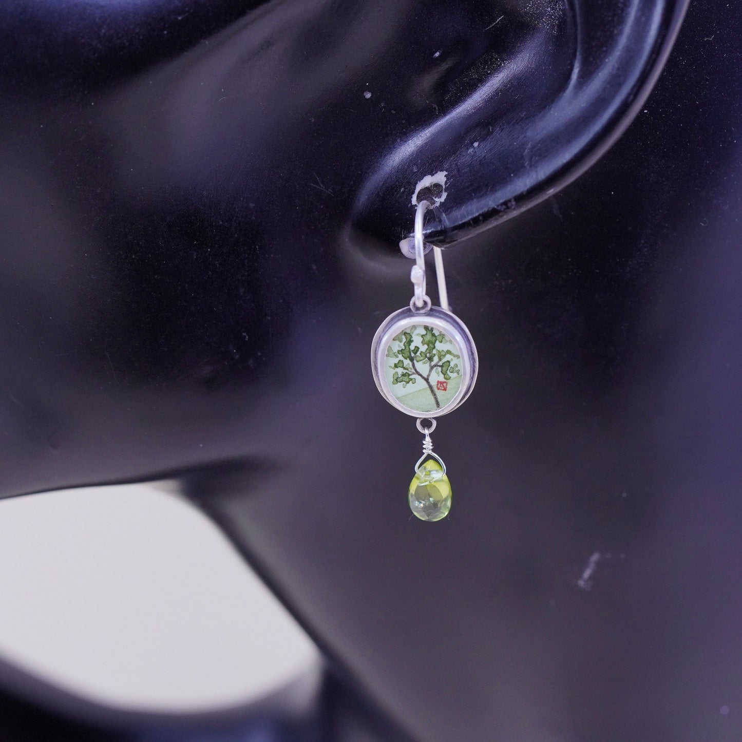 Designer Ananda KHALSA Sterling 925 silver handmade earrings, watercolor green spring maple and peridot drop, stamped 925 A