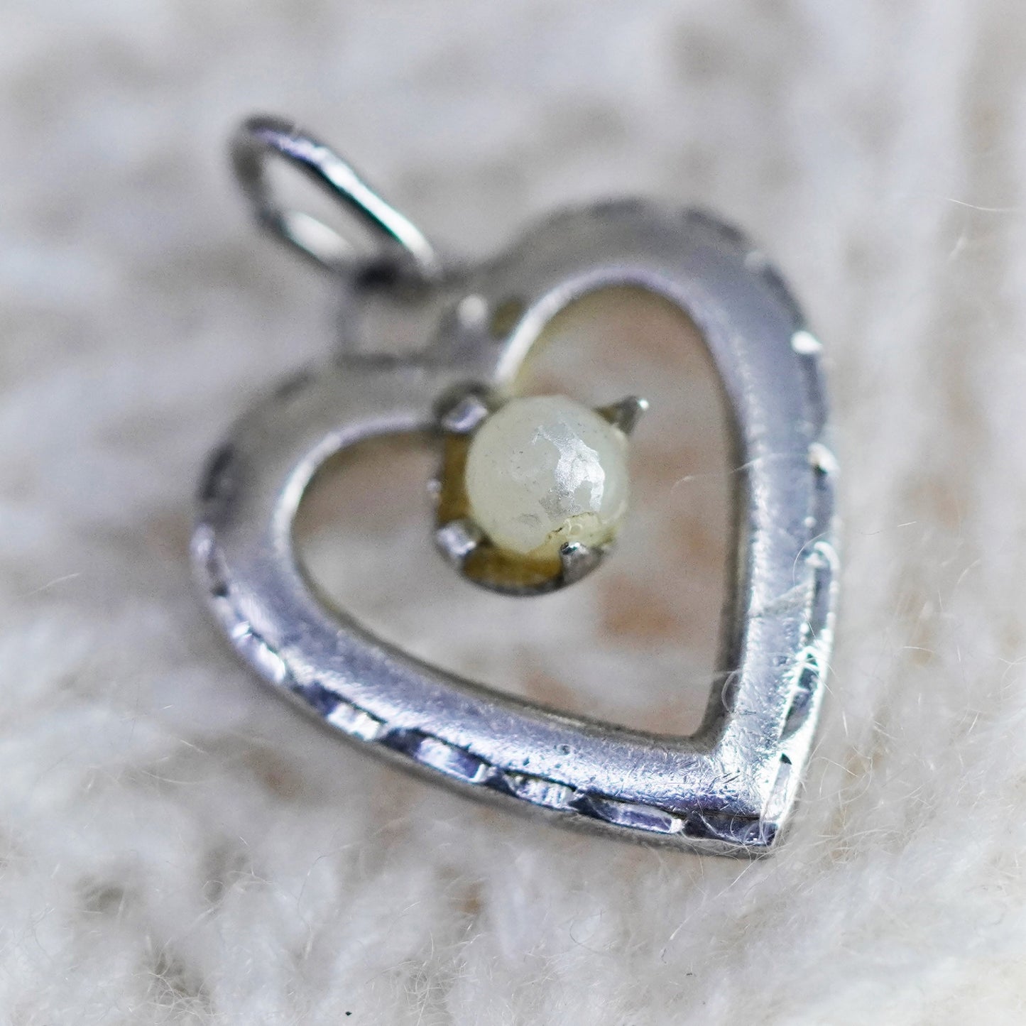 Vintage sterling silver heart charm, 925 pendant with glass bead