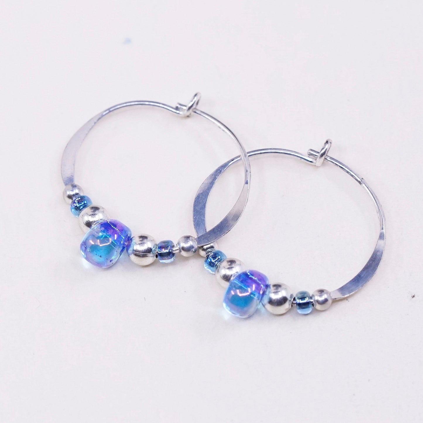 0.5”, vtg sterling silver loop earrings, minimalist primitive hoops w/ blue cz