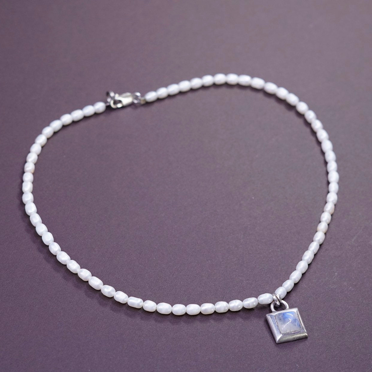 14", Sterling silver handmade necklace, 925 pendant w/ moonstone N pearl bead