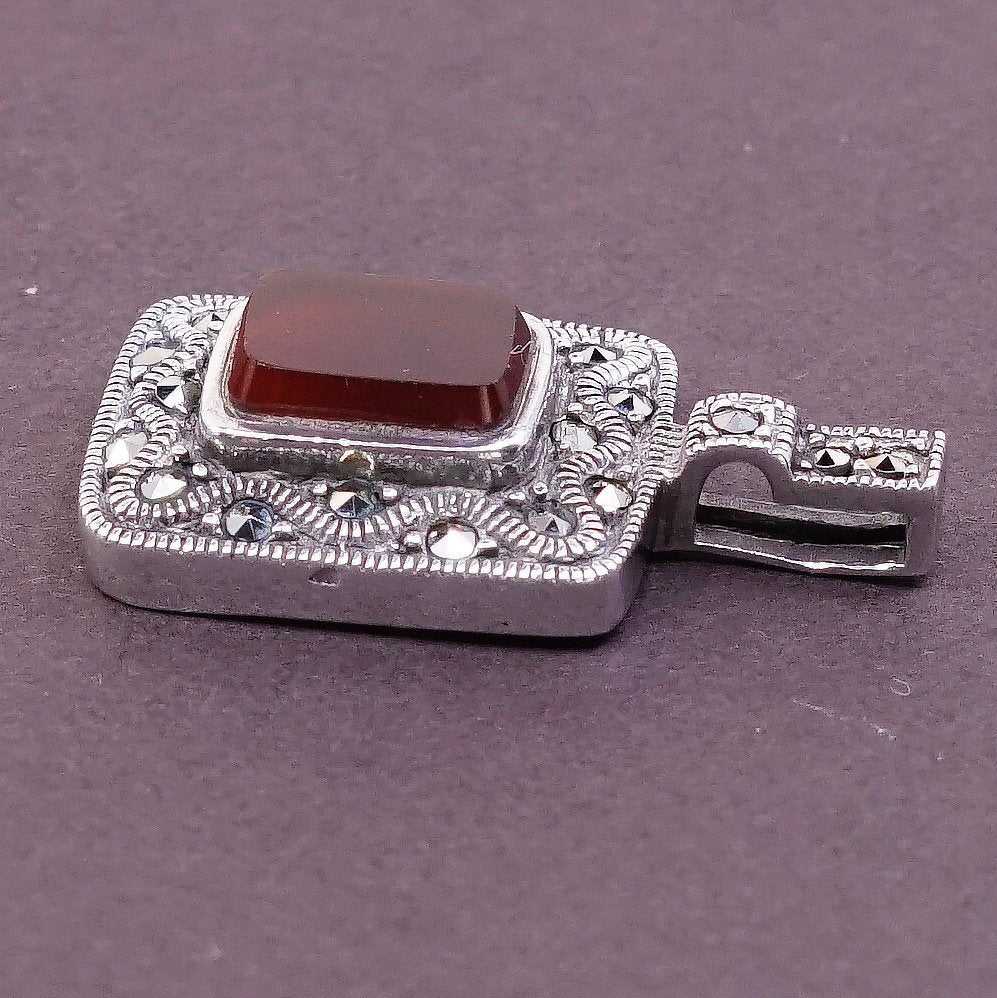 VTG Sterling silver handmade double sided pendant 925 w/ carnelian N marcasite