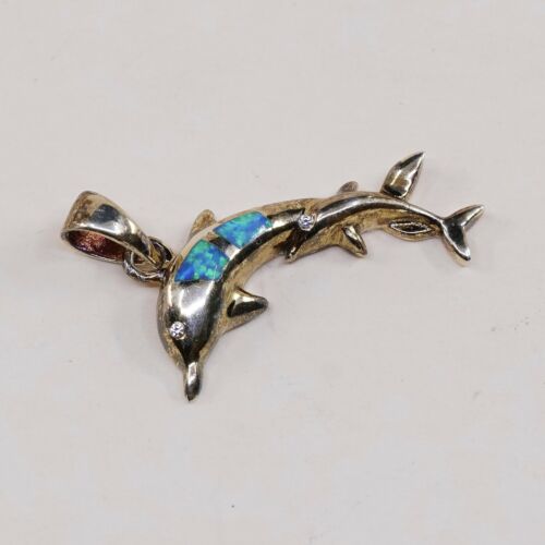 Vtg Vermeil Gold Over Sterling Silver Dolphin Pendant W/ Opal Inlay