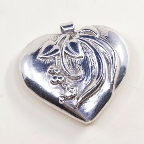 Vintage sterling silver handmade pendant, fine 925 Heart W/ Flower