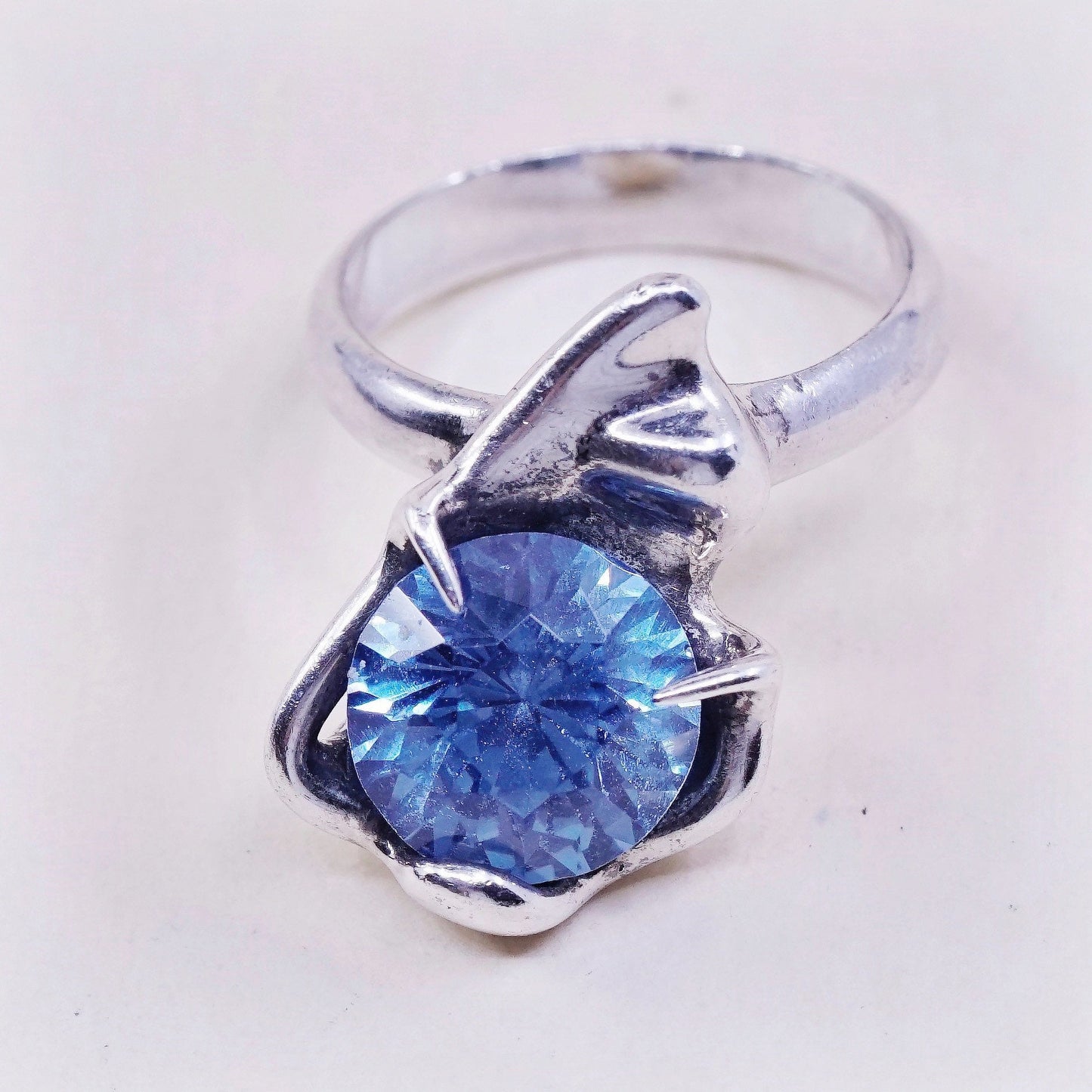 sz 5.5, vintage Sterling 925 silver statement engagement ring with blue topaz