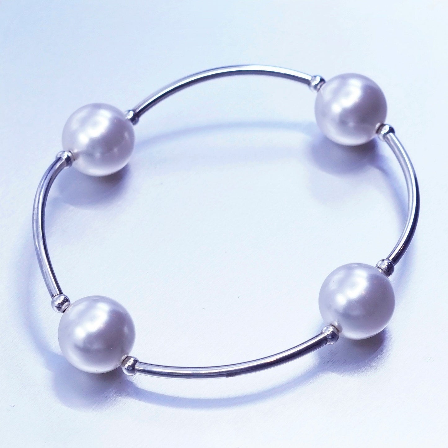 6.25”, vintage Sterling 925 silver curvy bar bracelet with pearl elastic band