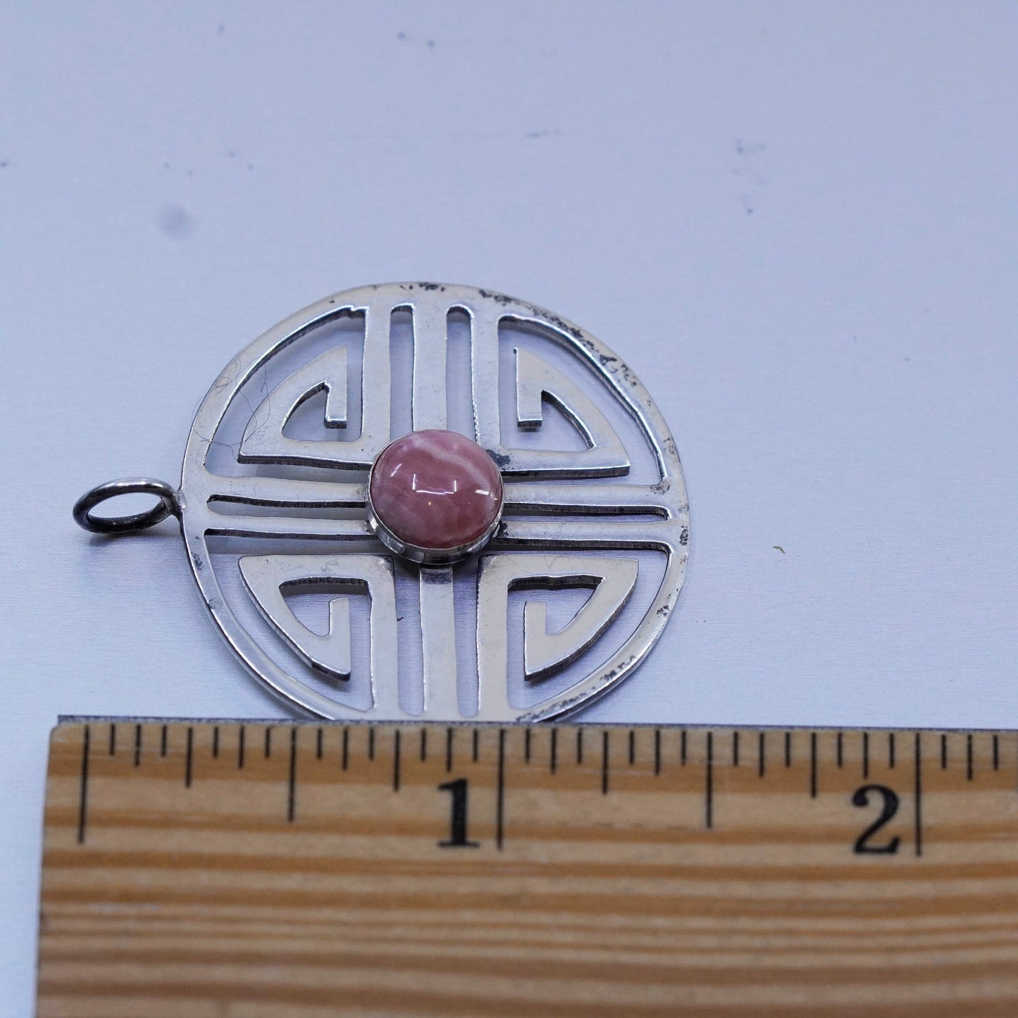 Vintage sterling 925 silver round Greek key pendant with pink Rhodochrosite