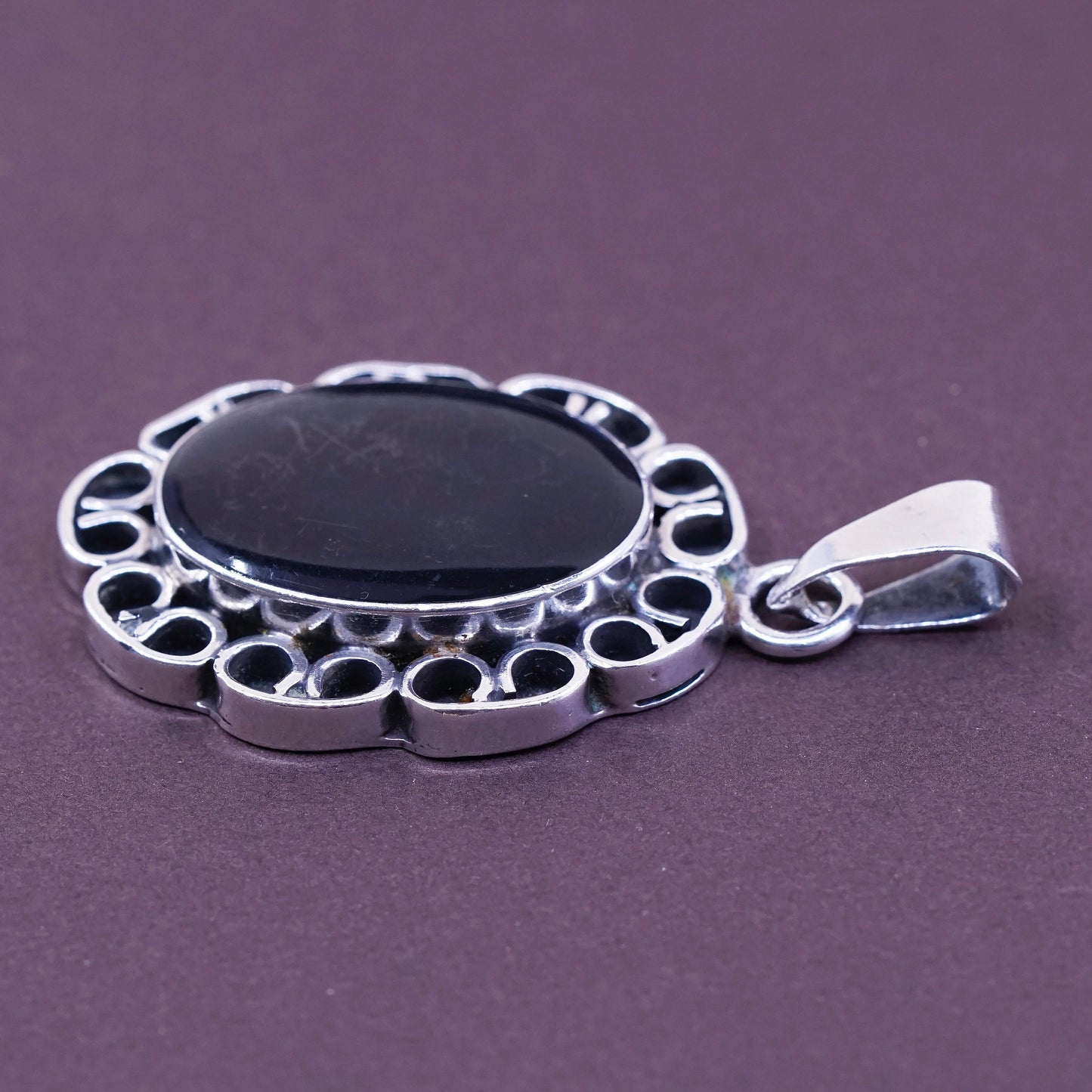 vtg Sterling silver handmade pendant, Mexico 925 w/ oval obsidian, black onyx