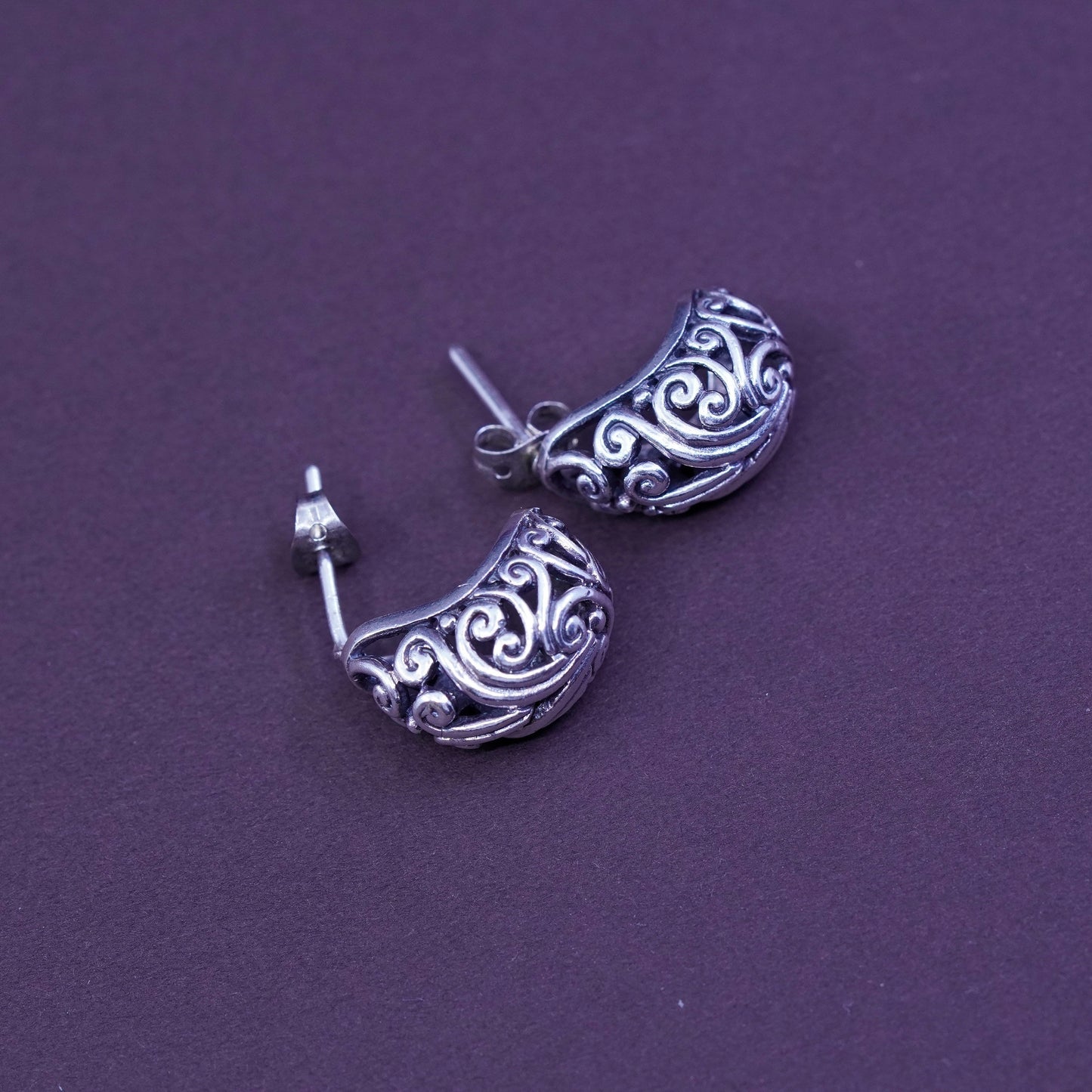 vtg Sterling silver handmade earrings, 925 huggie, hoops studs with filigree