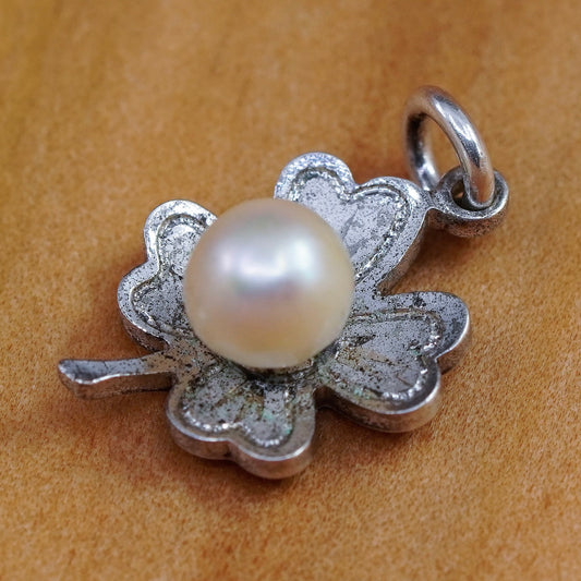 Vintage Sterling silver handmade flower pendant, 925 lucky clover with pearl