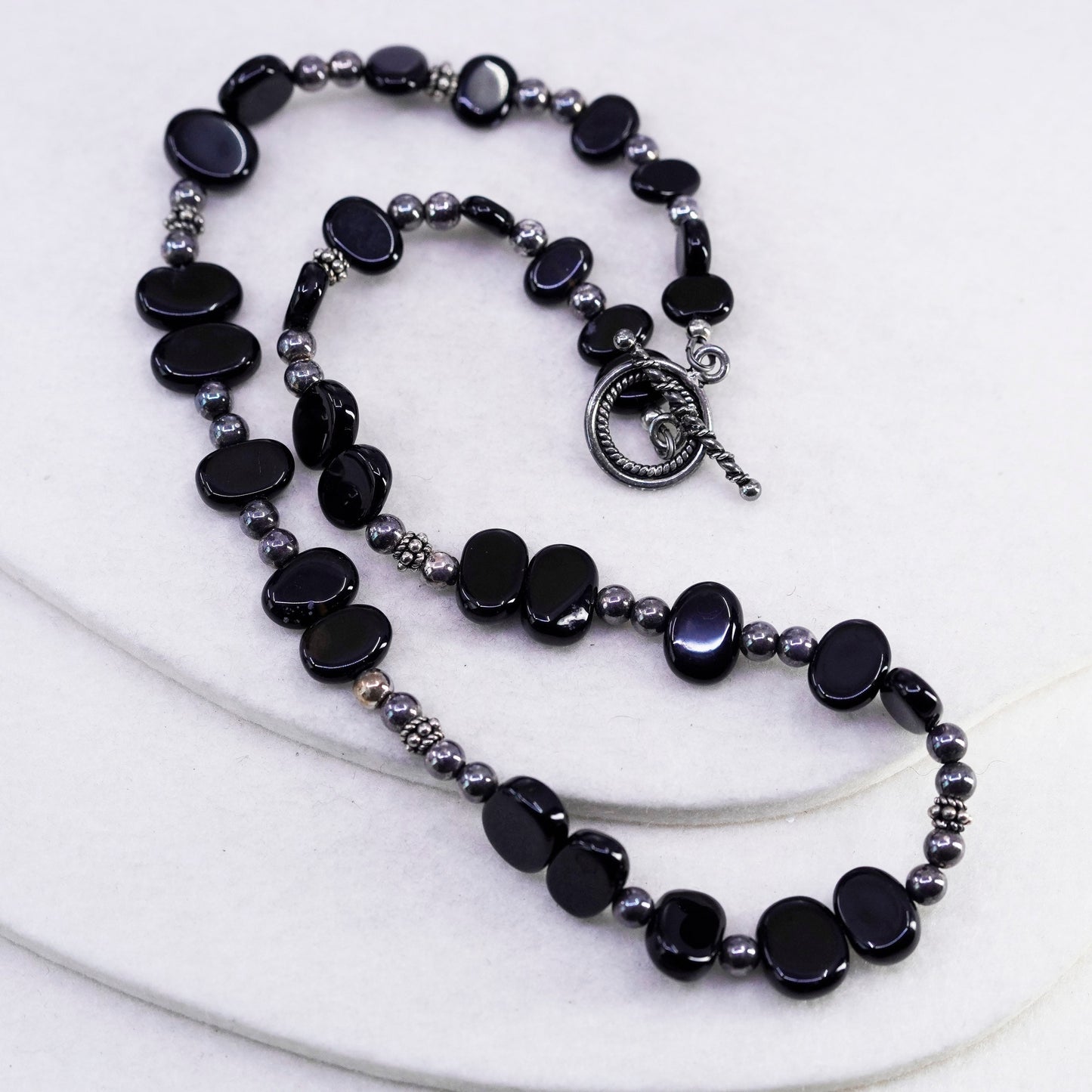 18”, Sterling 925 silver handmade obsidian chain necklace with toggle closure