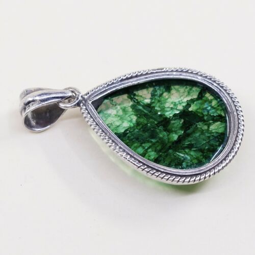 Vintage Sterling silver handmade pendant, 925 with and Green Cracked crystal