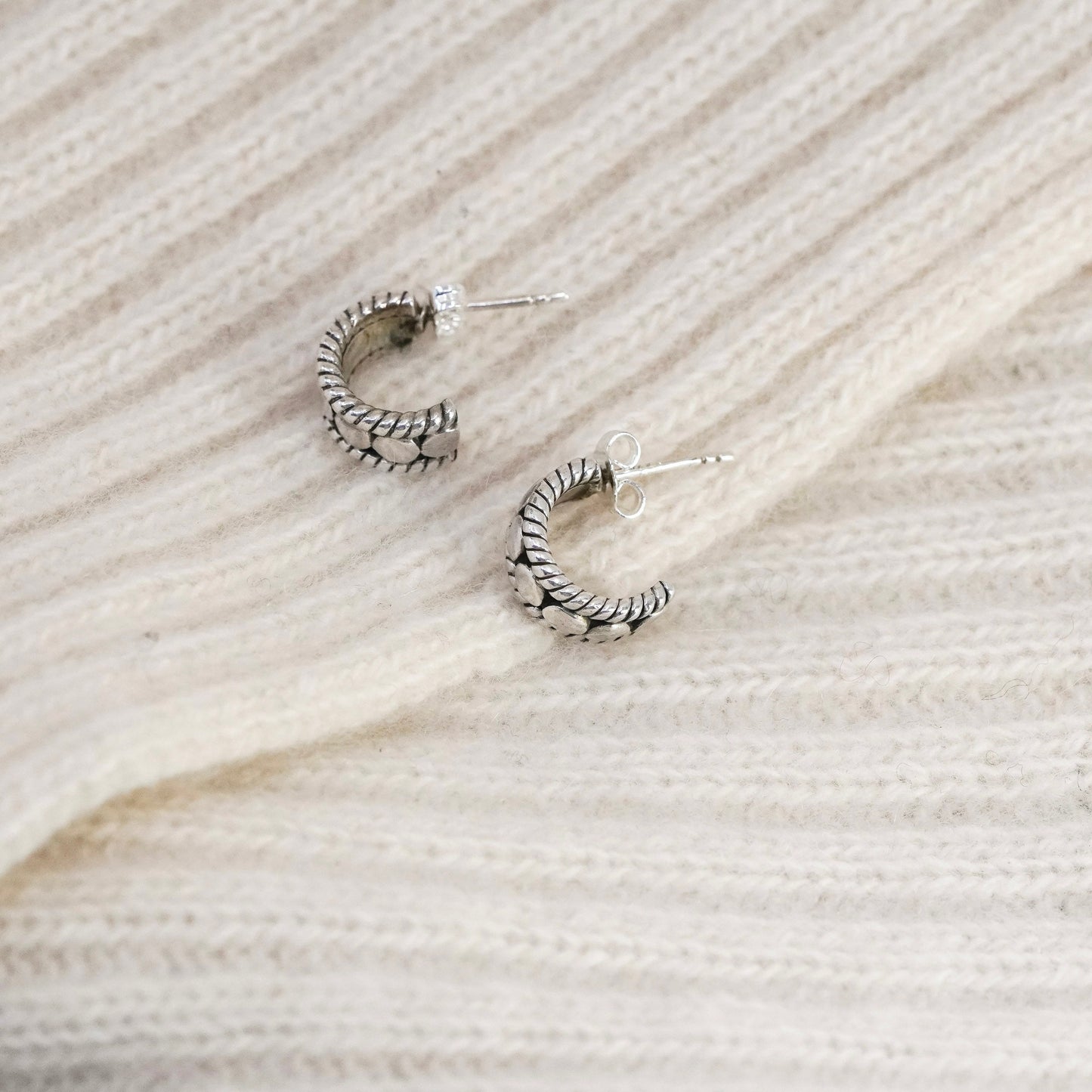 0.5”, Vintage Sterling silver handmade earrings, 925 Huggie hoops with beads