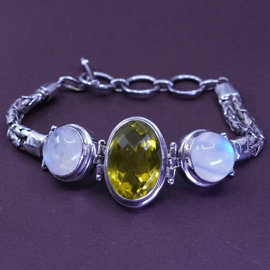 7+1”, Sterling silver bracelet, 925 Byzantine birdcage chain moonstone peridot