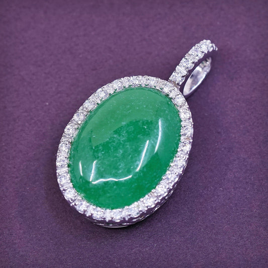 vtg Sterling silver handmade pendant, 925 w/ oval jade N Cz around