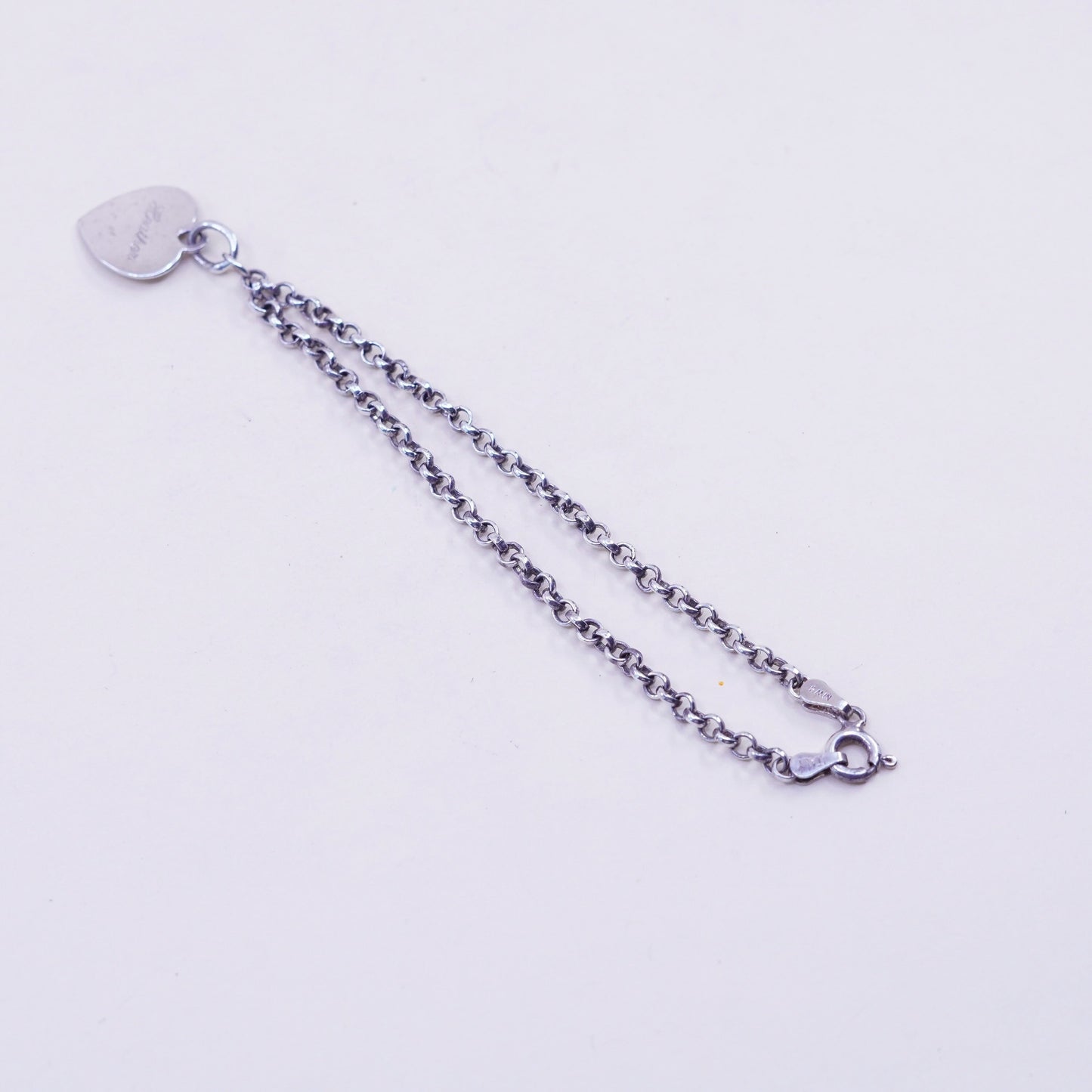 6.75”, sterling silver bracelet, 925 circle chain anklet heart charm “heather