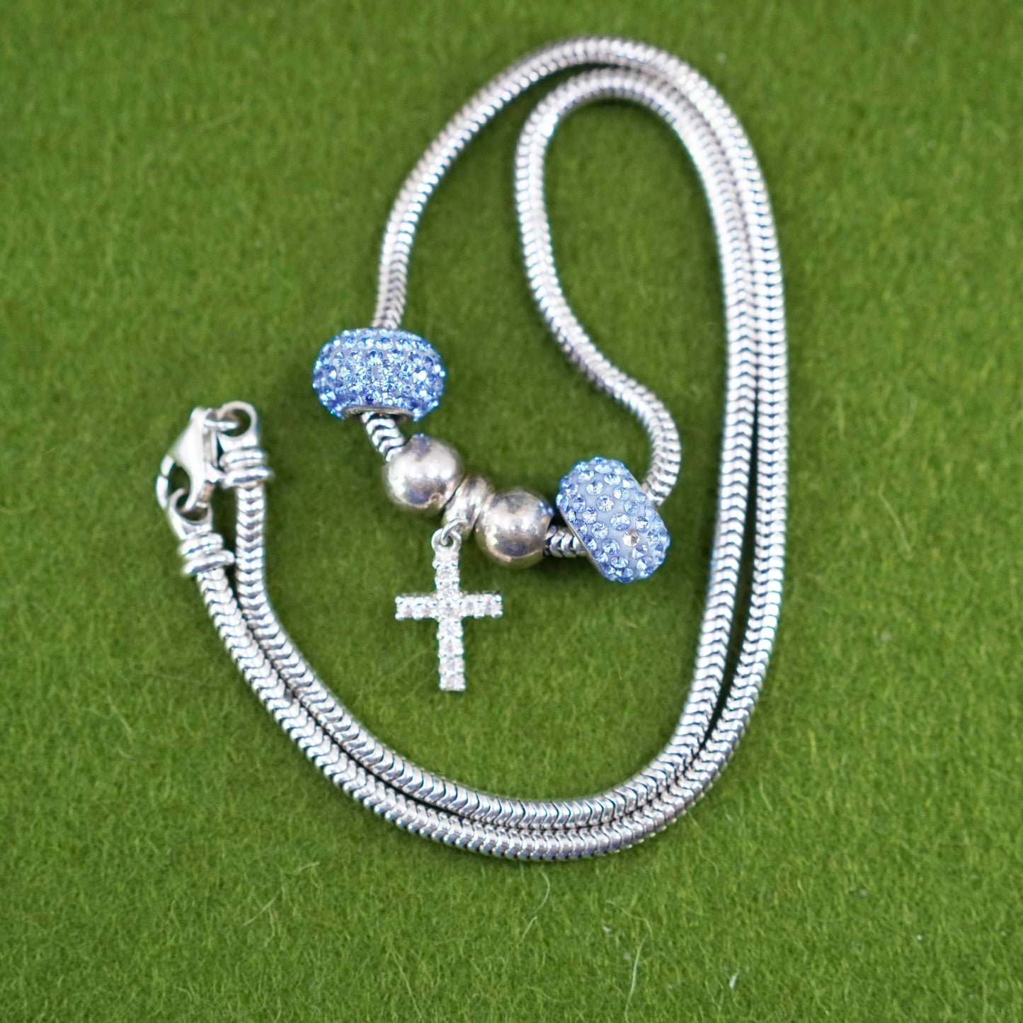 18”, sterling 925 silver snake necklace with cross pendant blue crystal beads