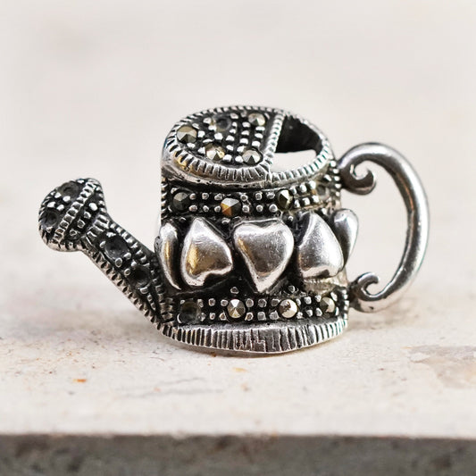 Vintage sterling silver handmade brooch, 925 watering can with marcasite heart