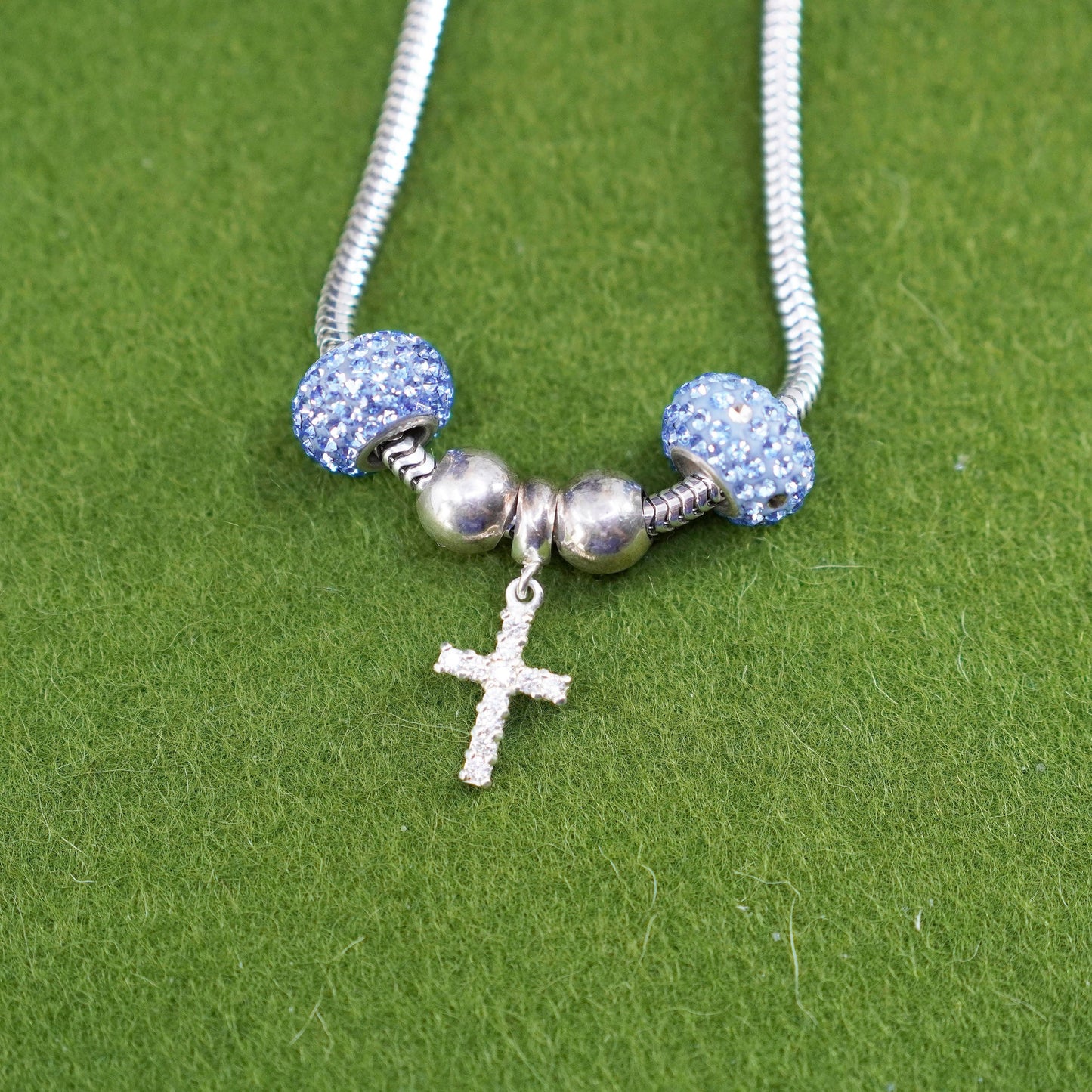 18”, sterling 925 silver snake necklace with cross pendant blue crystal beads