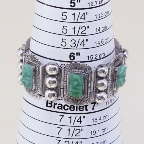 6.5” Vtg Plath Sterling Handmade Bracelet, Taxco 925 Silver W/ Jade Warrior Face