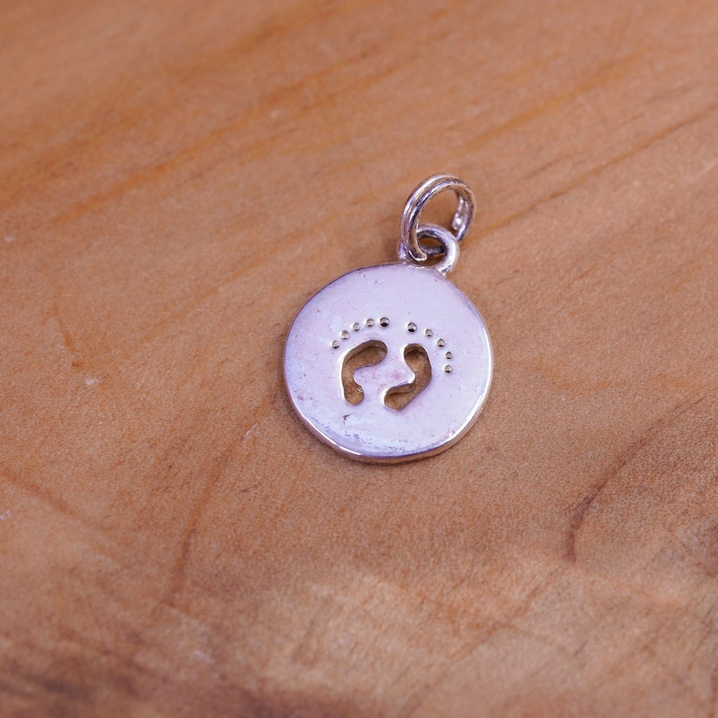 vtg Sterling silver handmade charm, 925 footprint pendant “our family just grew