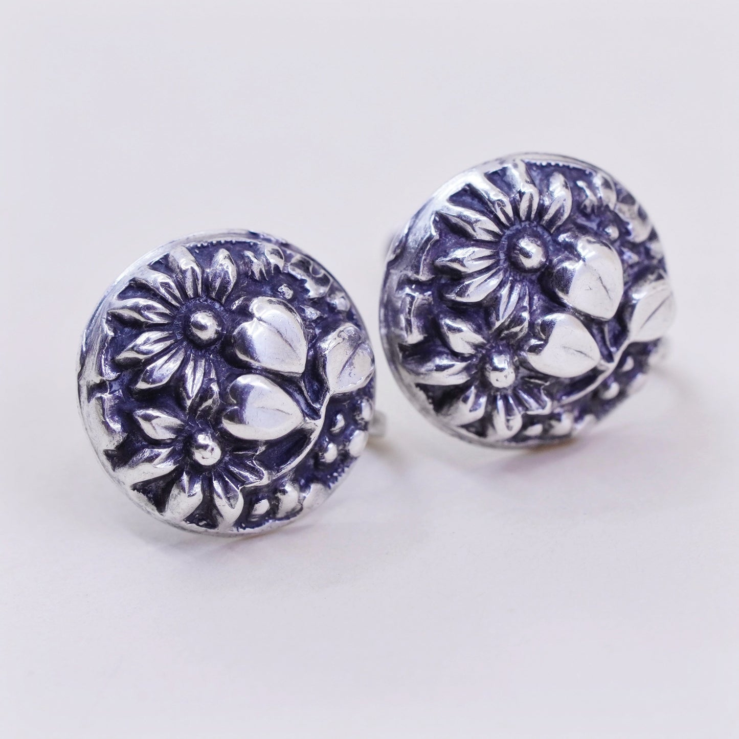 Vintage Sterling silver handmade earrings, 925 screw back flower