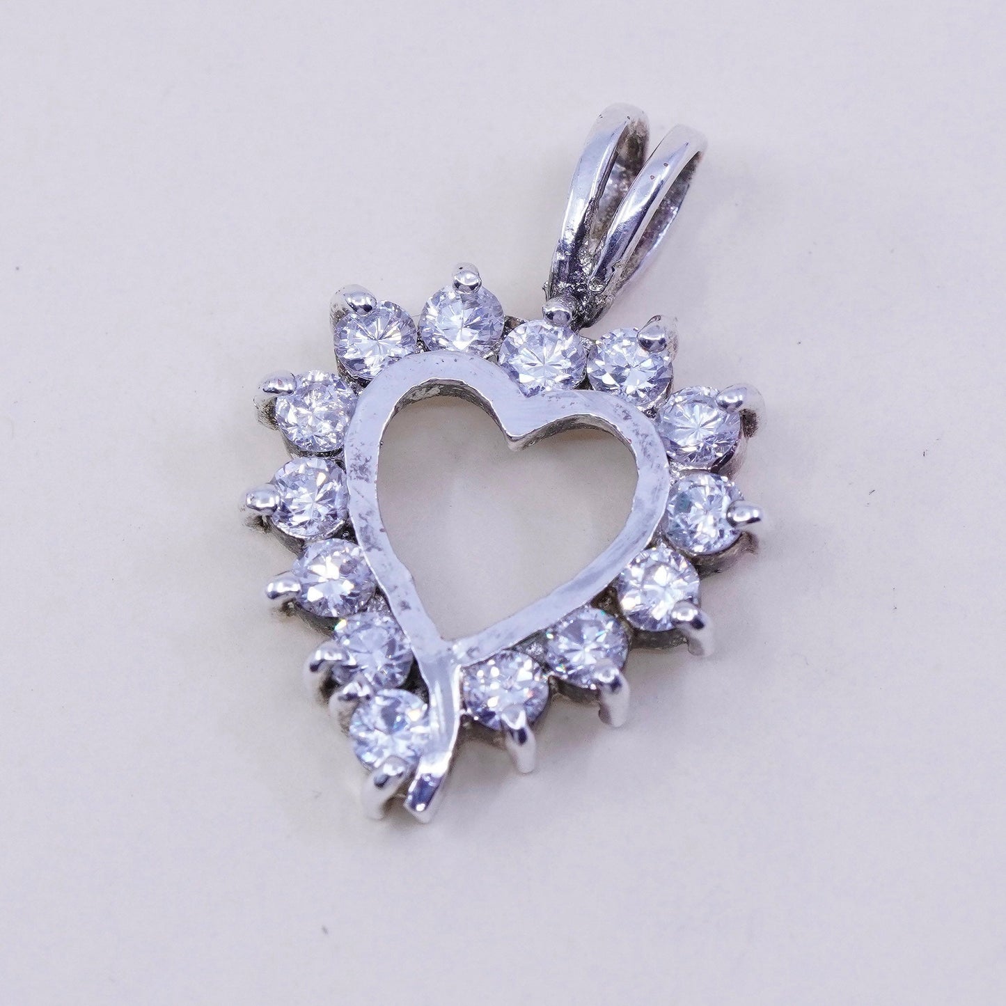 Vintage sterling 925 silver heart pendant with cluster clear Cz around