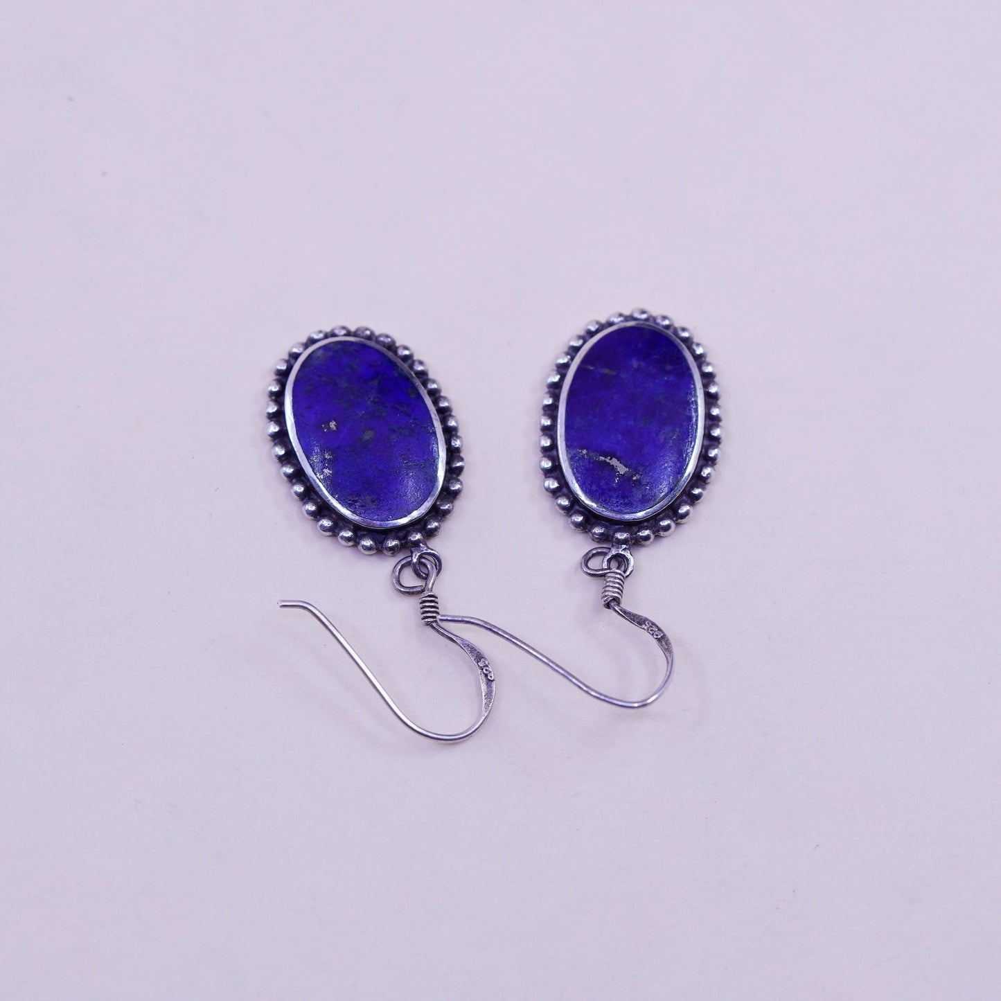 Vintage Sterling 925 Silver Handmade earrings with oval lapis lazuli and beads