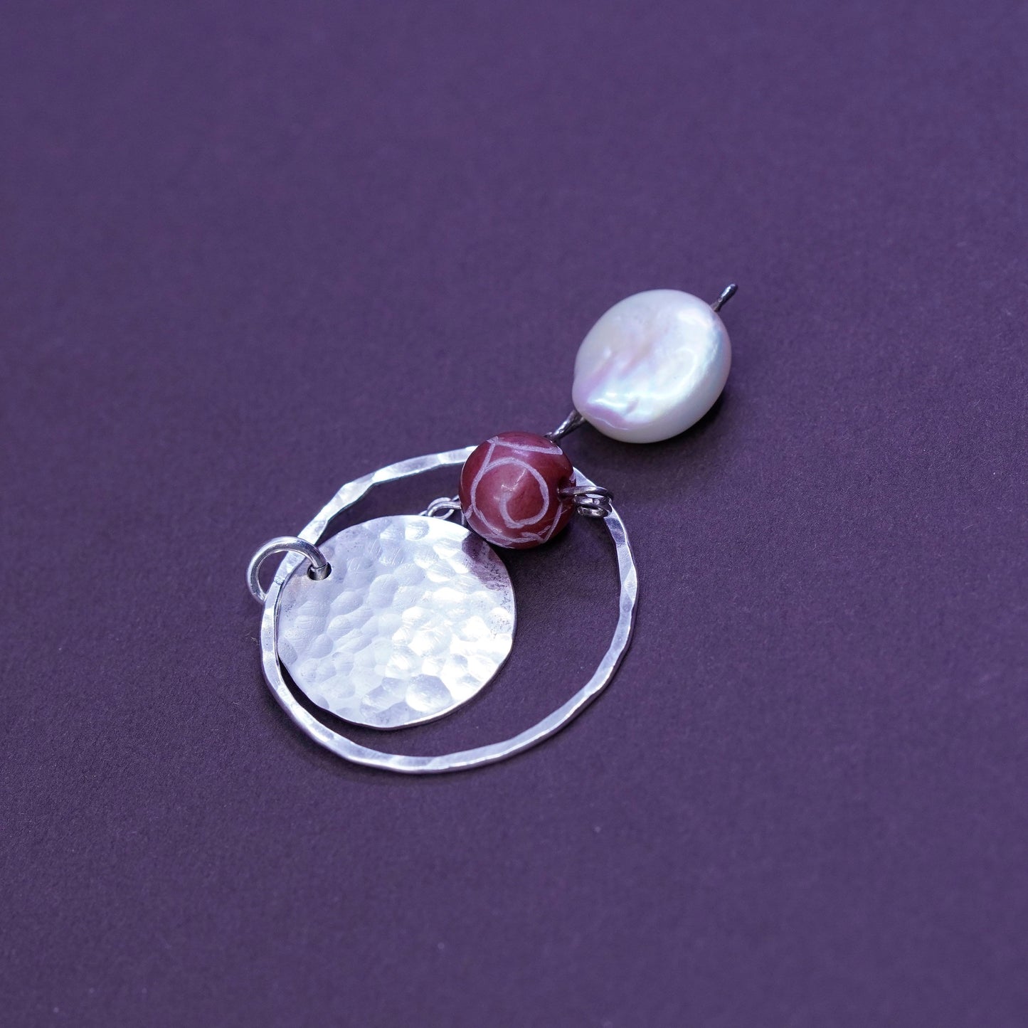 Sterling silver handmade pendant, 925 hammered circle with coin pearl