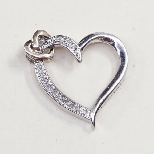 Vintage Vermeil Sterling silver pendant, 925 Double Heart W/ Diamond