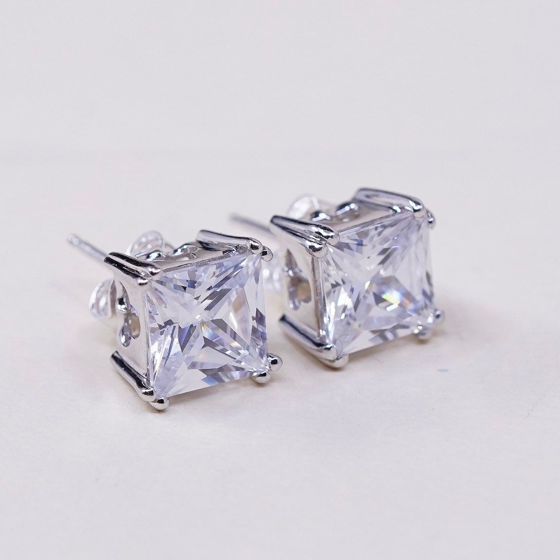 vtg sterling silver square clear CZ studs, fashion minimalist earrings