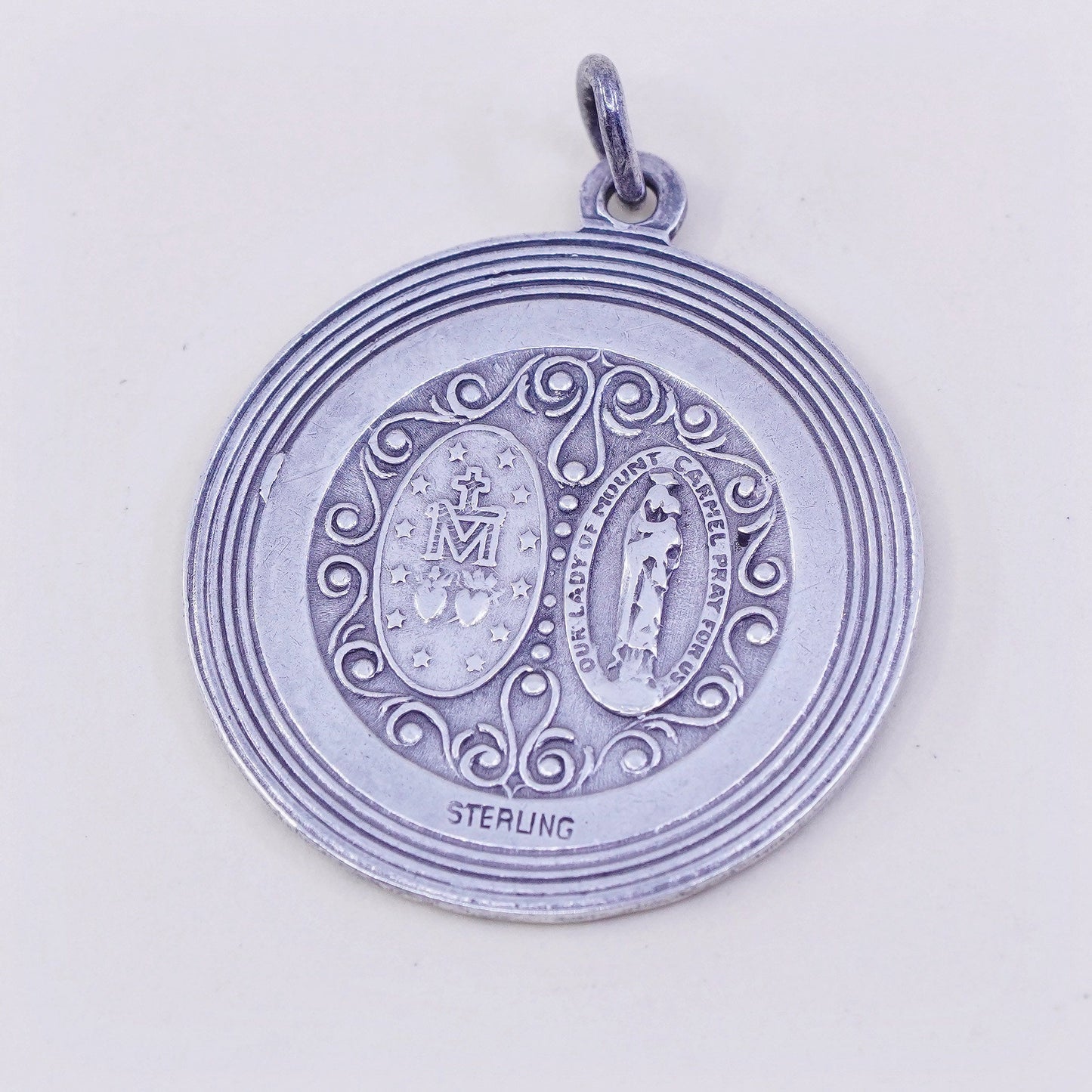 chapel sterling silver pendant, 925 circle charm embossed Jesus and virgin Mary