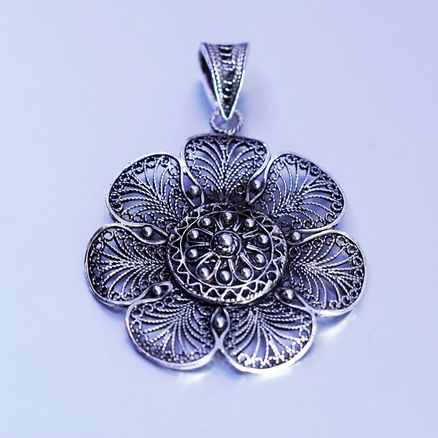 antique sterling 925 silver filigree flower pendant charm