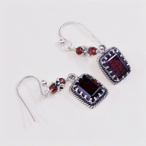 Vtg STERLING SILVER earrings with Oval ruby dangles stamped 925