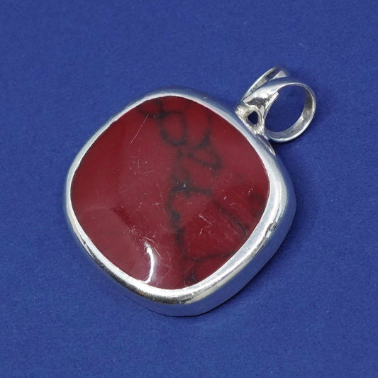 Vintage sterling silver handmade pendant, 925 w/ round red jasper inlay