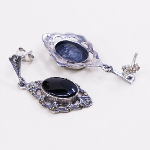 Vtg Sterling silver earrings w/ Obsidian Drop N Marcasite Details, 925