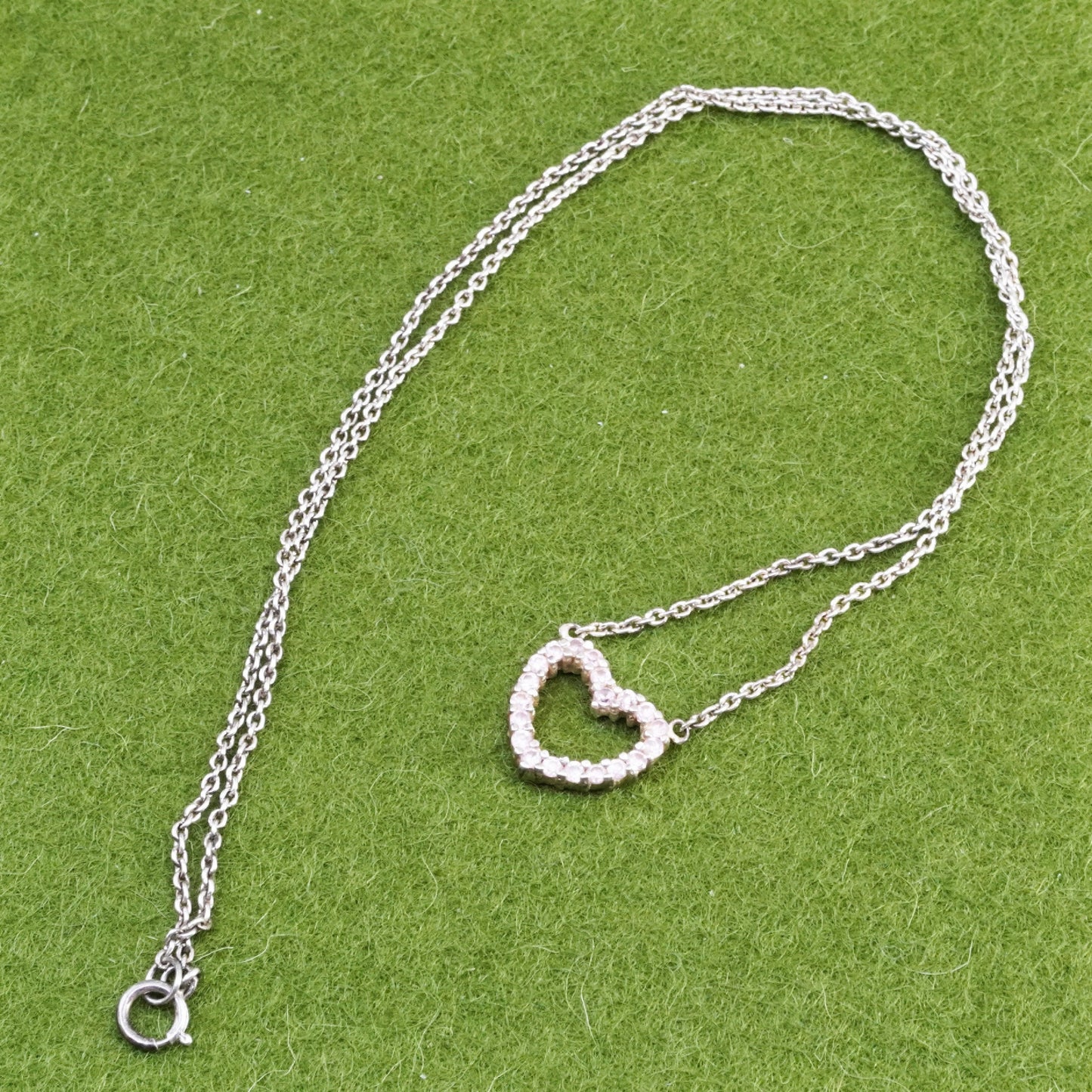 16”, sterling silver handmade necklace, 925 chain w/ pink crystal heart Pendant