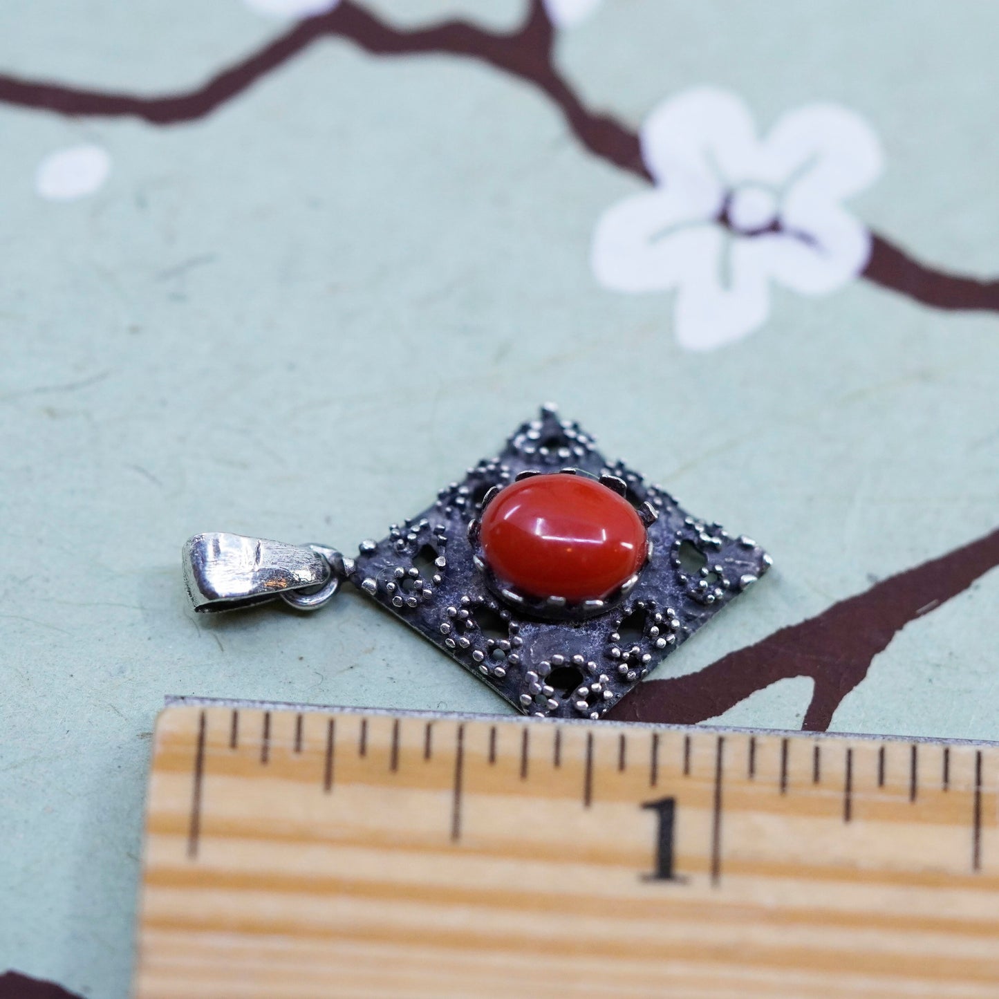 Vintage sterling 925 silver handmade pendant with red onyx and beads