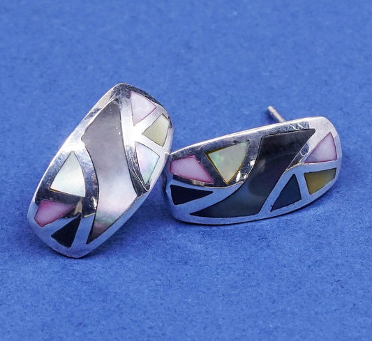 vtg sterling silver handmade earrings, 925 studs w/ abalone N mother of Pearl