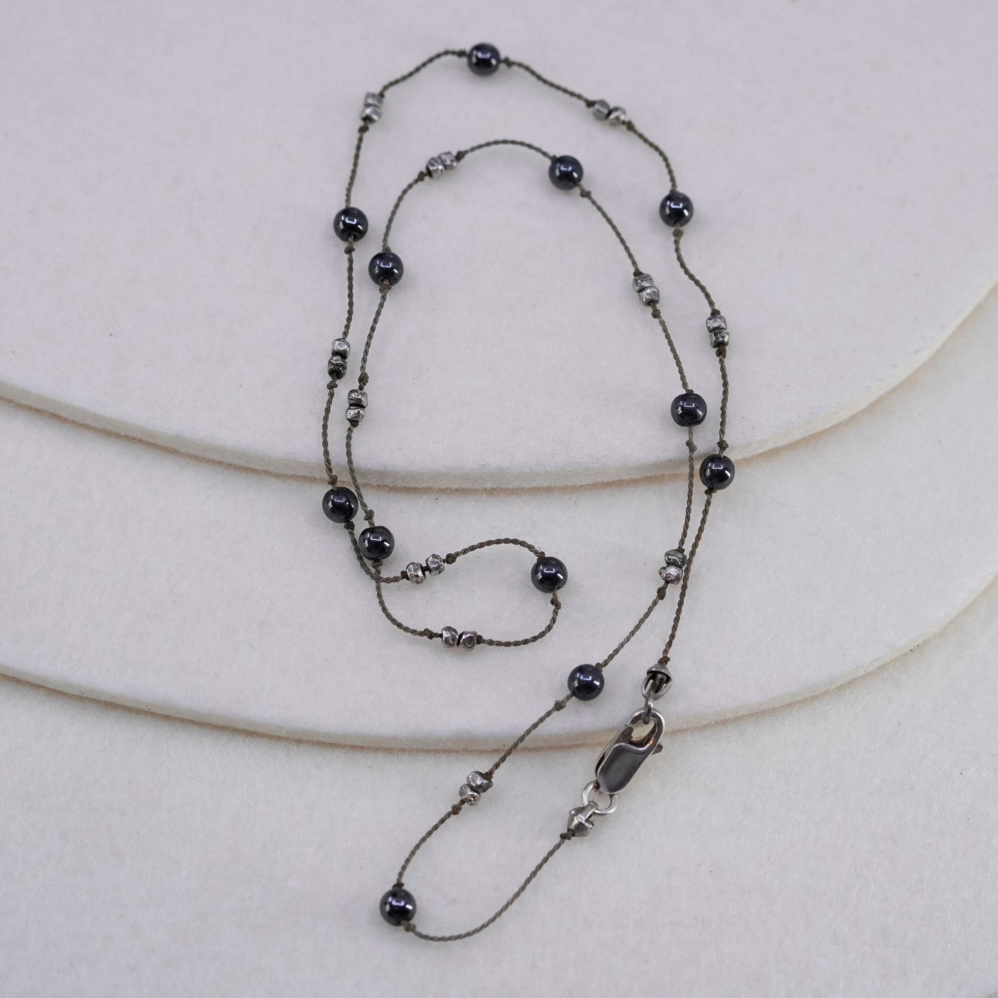 18”, Sterling 925 liquid silver handmade linen necklace with hematite beads