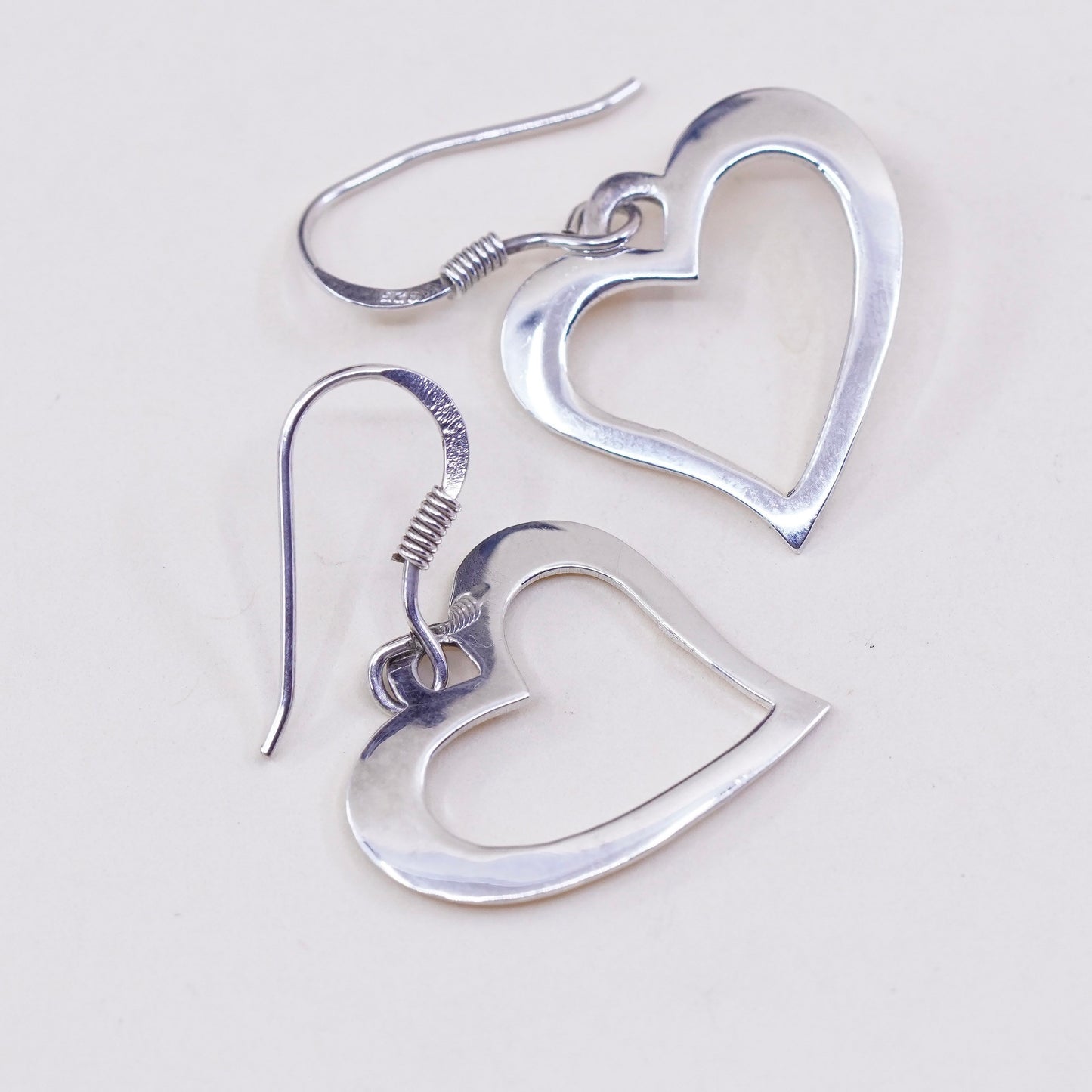 Vintage sterling silver handmade earrings, 925 heart dangles