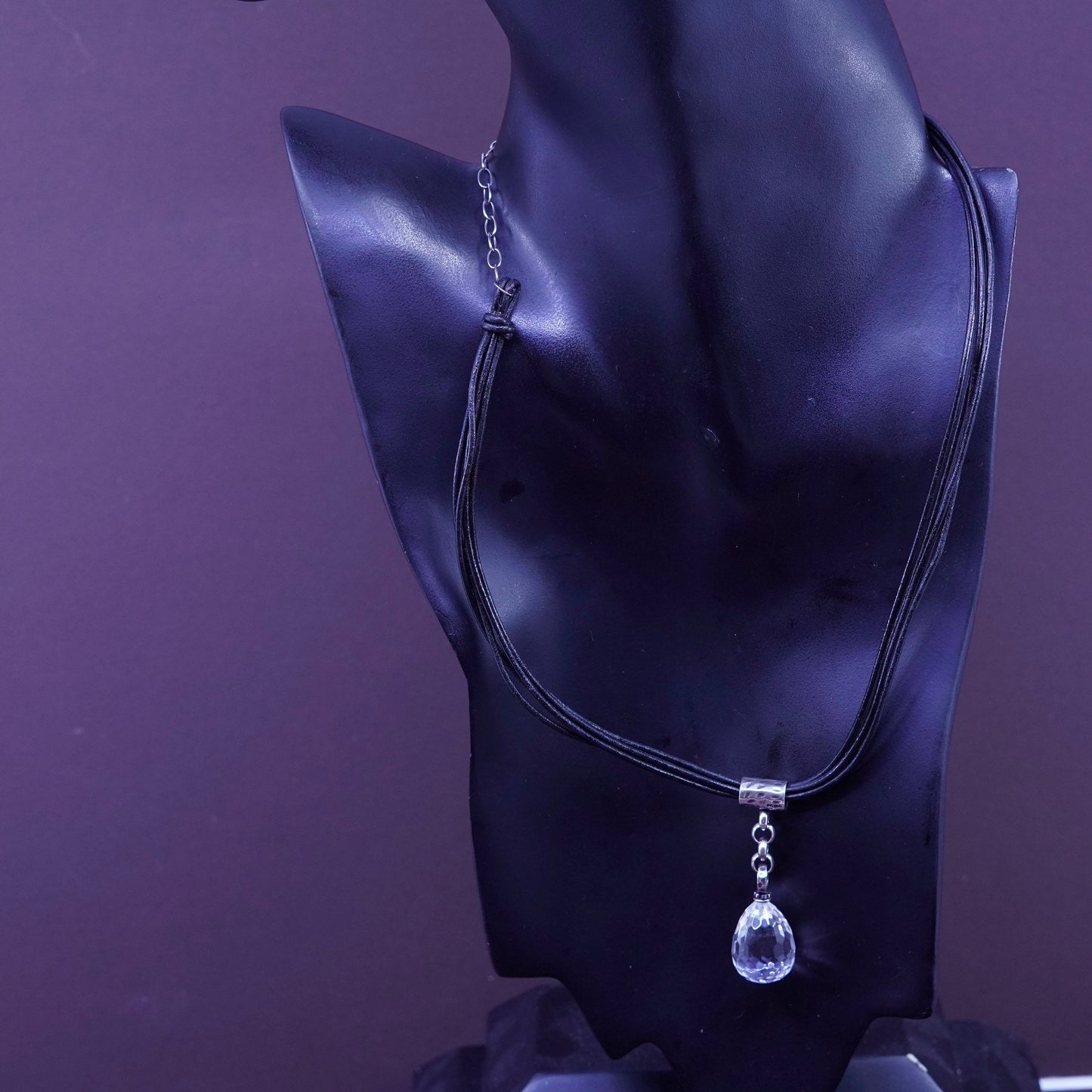 16+2” silpada black Leather necklace Sterling 925 Silver slide teardrop crystal