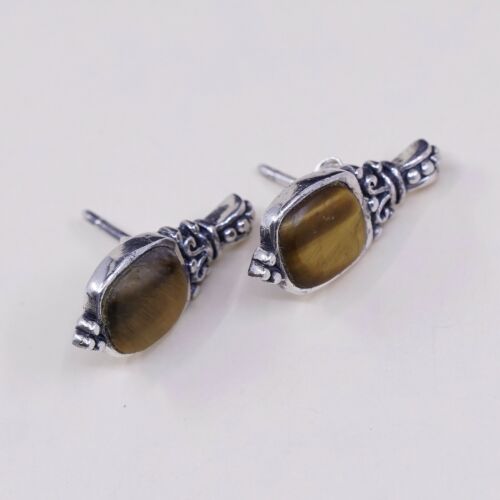 Vtg Sterling Silver Handmade Earrings, 925 Silver Studs W/ Golden Tiger Eye