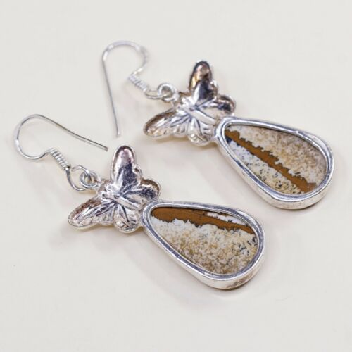 Vtg Sterling Silver Handmade Earrings, 925 Silver Butterfly W/ Teardrop Jasper