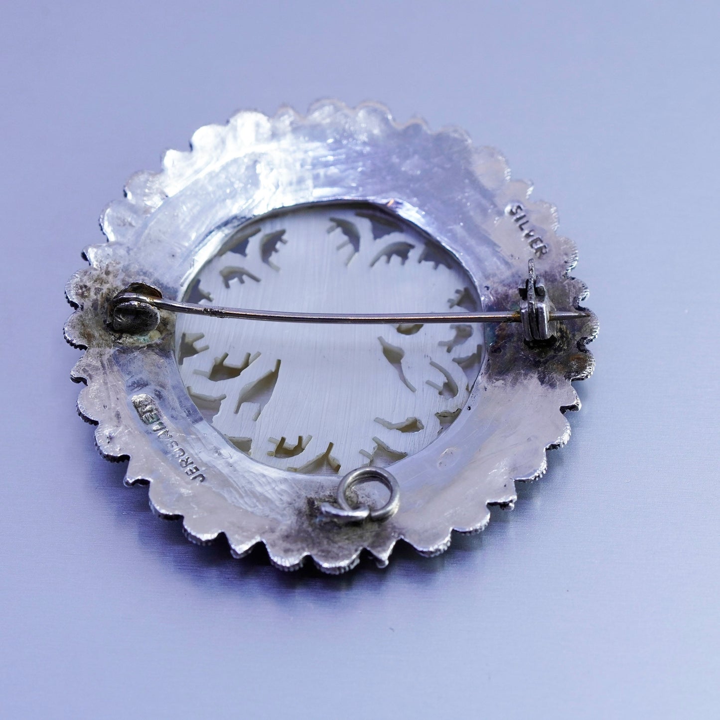 vtg sterling silver brooch, Jerusalem 925 filigree pin mother of pearl flower